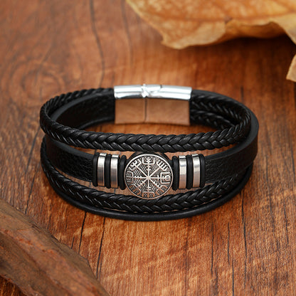 Braided Leather Viking Compass Bracelet