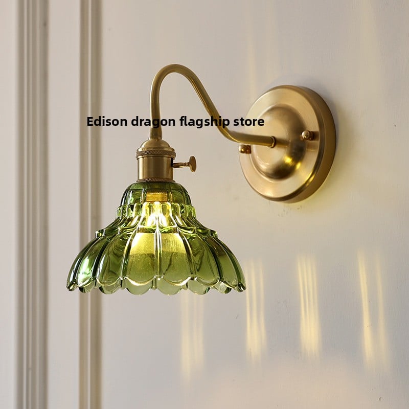 Brass green glass wall lamp