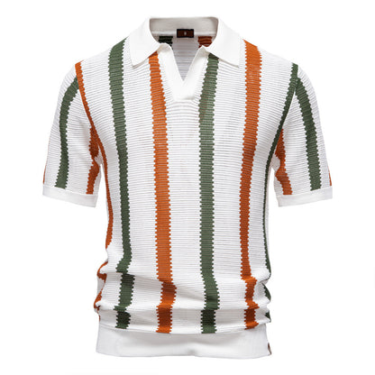 Breathable Striped Mens Polo Shirt Summer Short Sleeve Knit Top