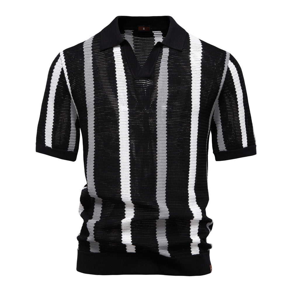 Breathable Striped Mens Polo Shirt Summer Short Sleeve Knit Top