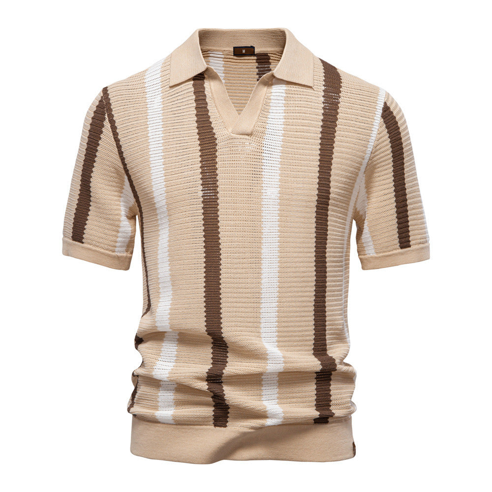 Breathable Striped Mens Polo Shirt Summer Short Sleeve Knit Top