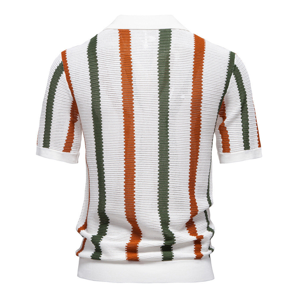 Breathable Striped Mens Polo Shirt Summer Short Sleeve Knit Top