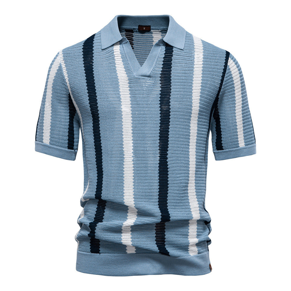 Breathable Striped Mens Polo Shirt Summer Short Sleeve Knit Top