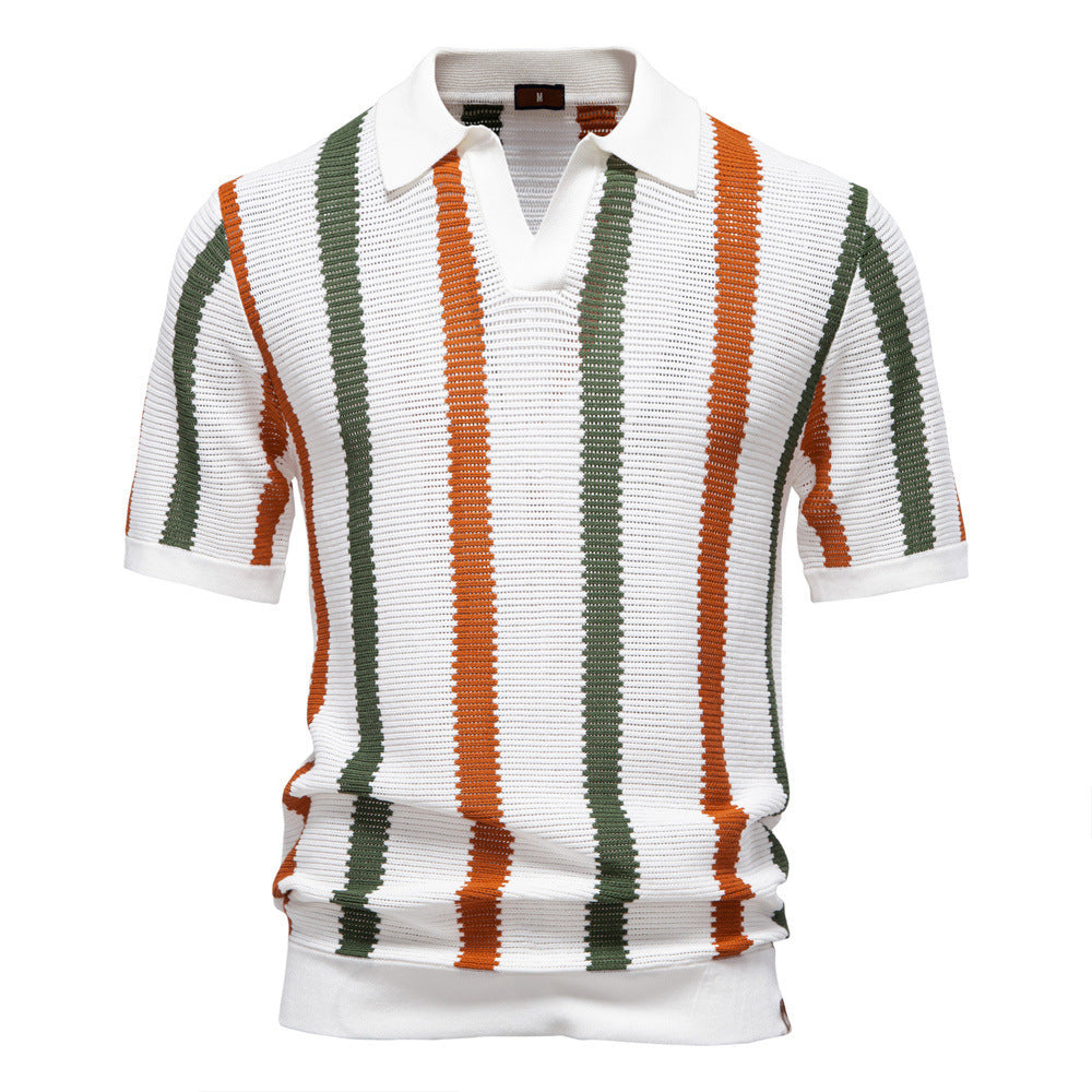 Breathable Striped Mens Polo Shirt Summer Short Sleeve Knit Top