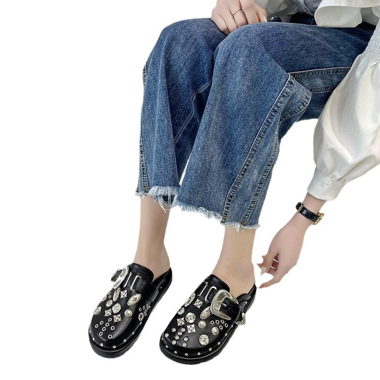 British retro thick-soled rivet half-covered slippers