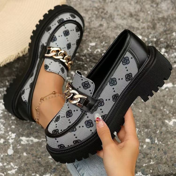British Style Women Loafers Thick Heel Retro Floral Shoes