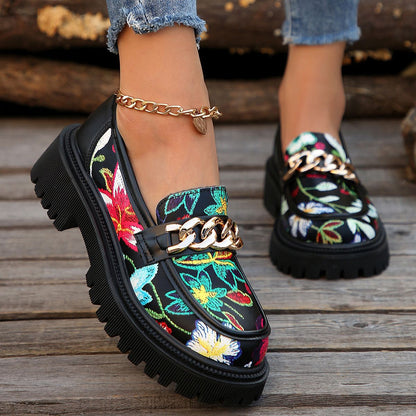 British Style Women Loafers Thick Heel Retro Floral Shoes