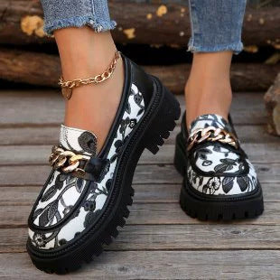 British Style Women Loafers Thick Heel Retro Floral Shoes