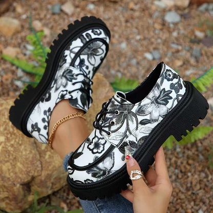 British Style Women Loafers Thick Heel Retro Floral Shoes