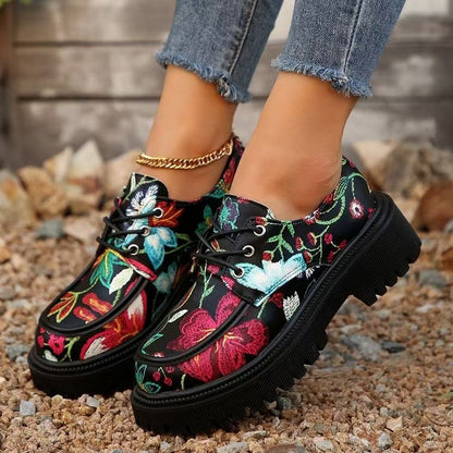 British Style Women Loafers Thick Heel Retro Floral Shoes