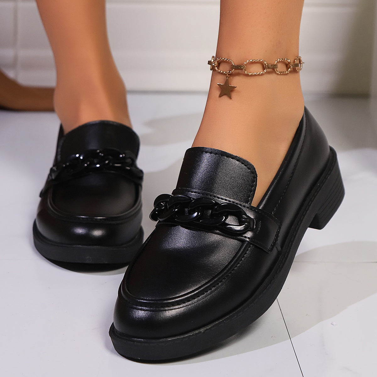 British Style Women's Slip-On Loafers with Bow/Chain