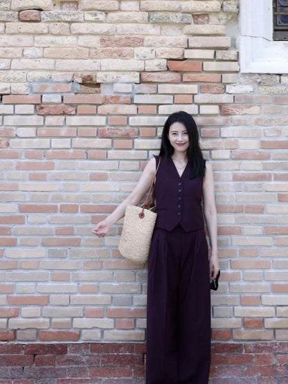 Brown-Red Linen Retro Slimming Suit for Women