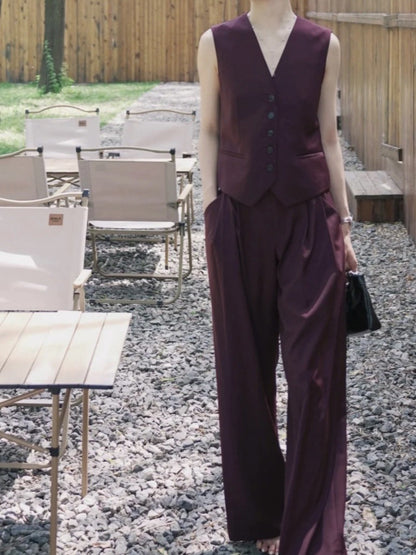 Brown-Red Linen Retro Slimming Suit for Women