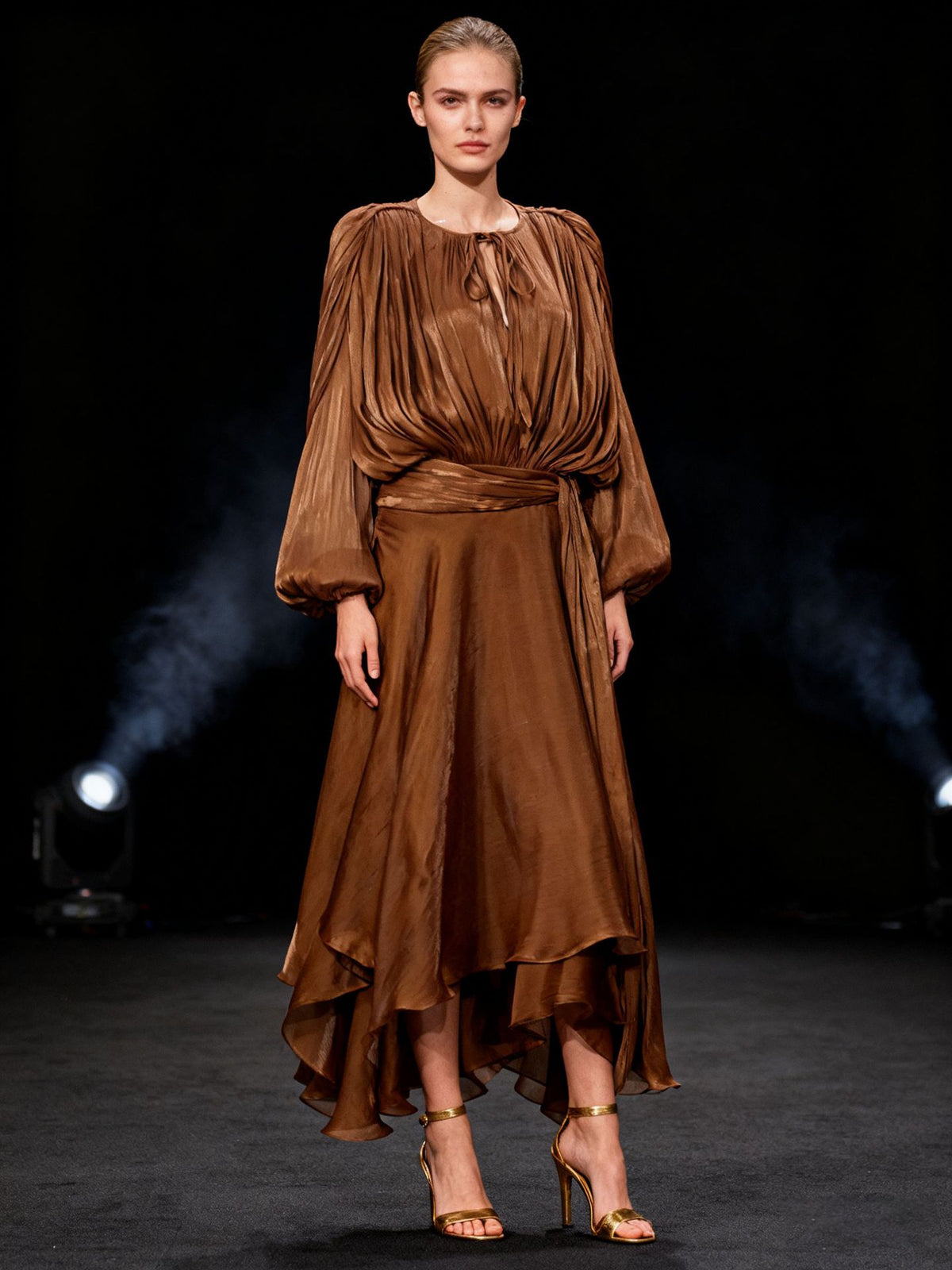 Brown Satin Lantern Sleeve Dress with Tie Waist
