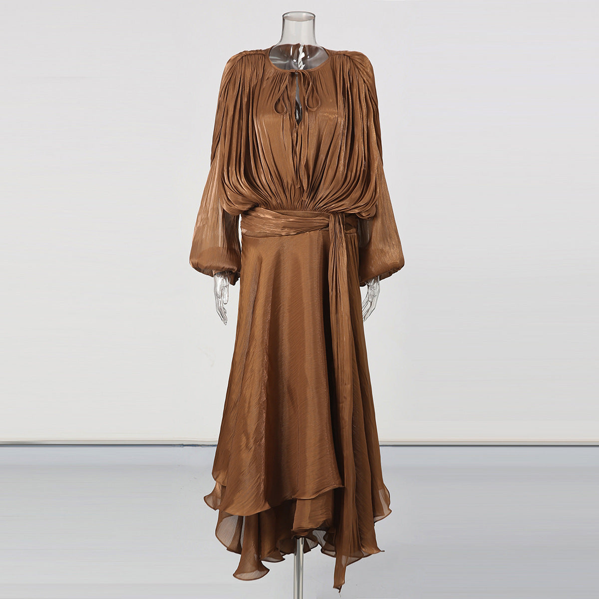 Brown Satin Lantern Sleeve Dress with Tie Waist