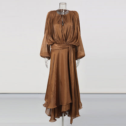 Brown Satin Lantern Sleeve Dress with Tie Waist
