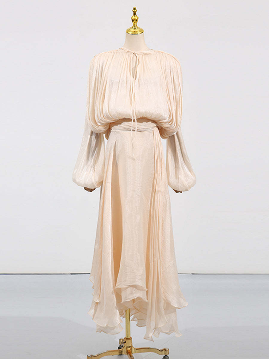 Brown Satin Lantern Sleeve Dress with Tie Waist