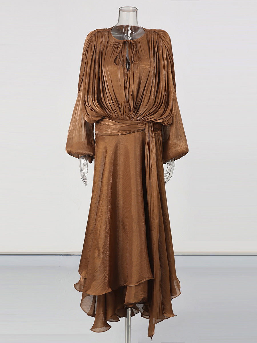 Brown Satin Lantern Sleeve Dress with Tie Waist