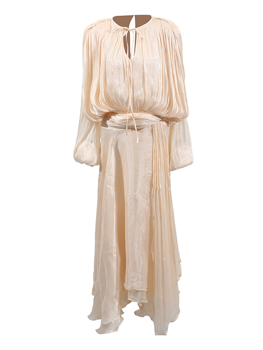 Brown Satin Lantern Sleeve Dress with Tie Waist