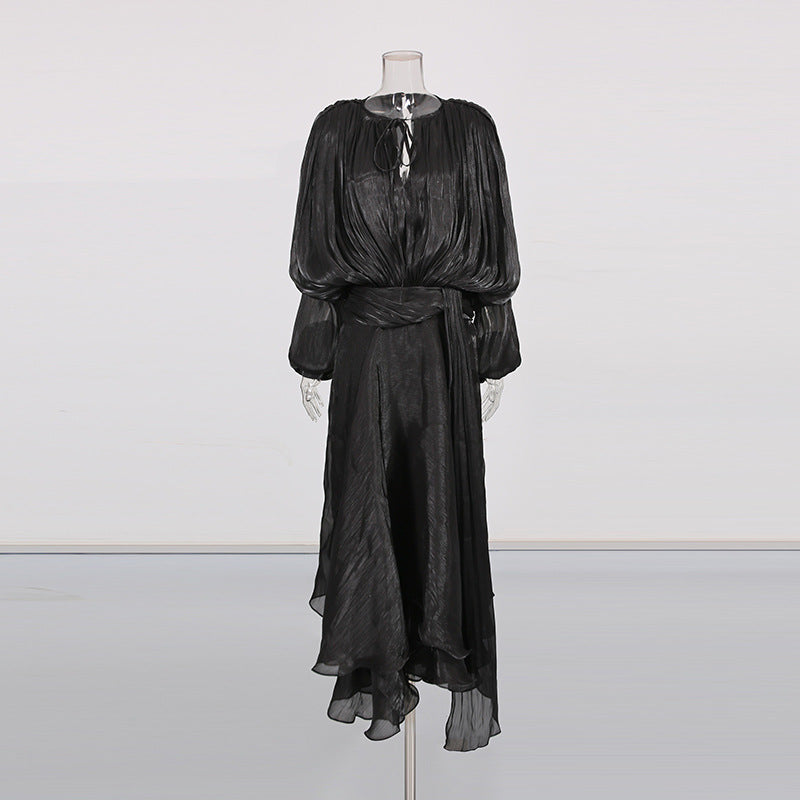 Brown Satin Lantern Sleeve Dress with Tie Waist
