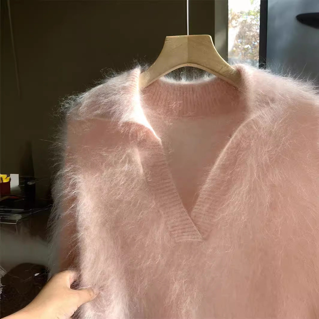Brushed Cashmere Sweater Women Polo Collar Mid-Length Pullover