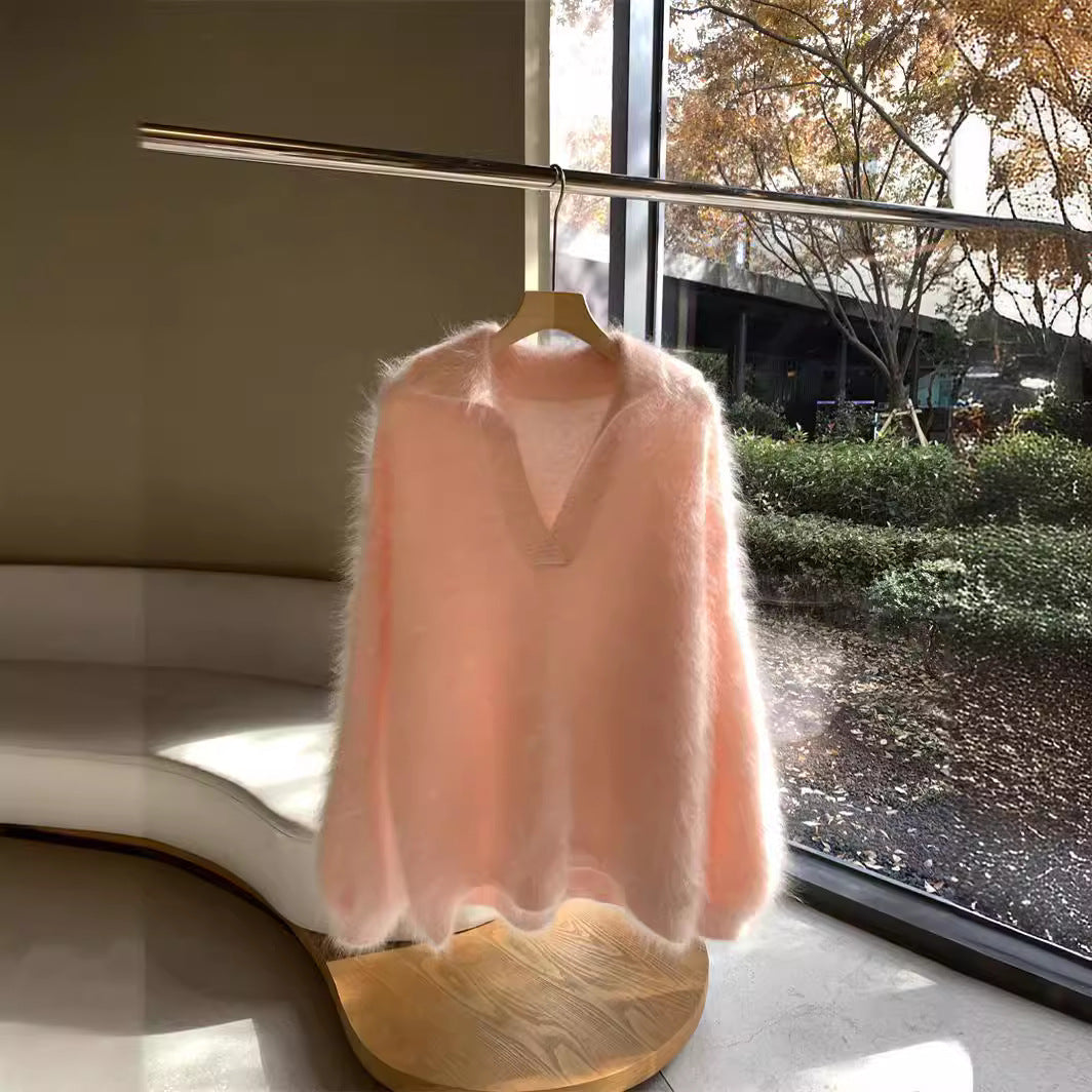 Brushed Cashmere Sweater Women Polo Collar Mid-Length Pullover