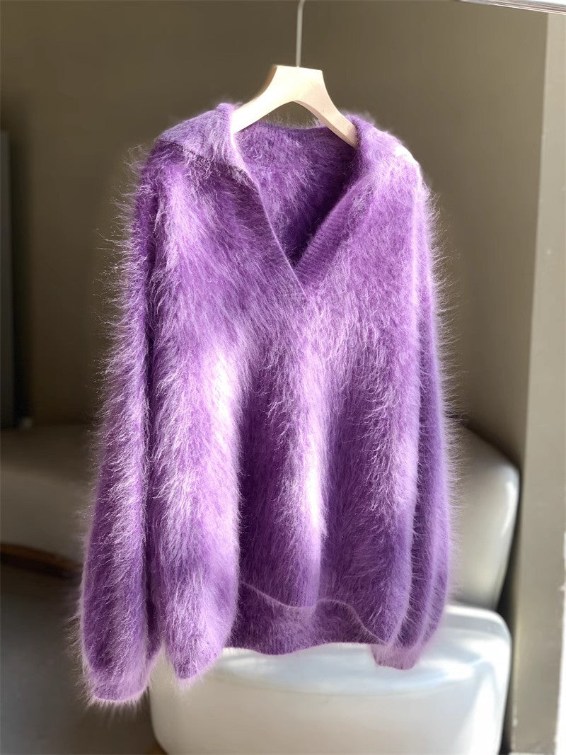 Brushed Cashmere Sweater Women Polo Collar Mid-Length Pullover