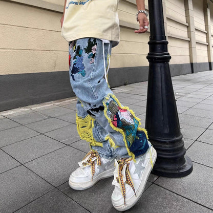 Brushed Embroidered Straight Denim Jeans