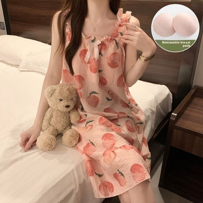 Bubble Cotton Camisole Nightgown with Chest Pads