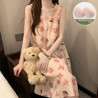 Bubble Cotton Camisole Nightgown with Chest Pads