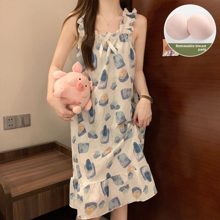 Bubble Cotton Camisole Nightgown with Chest Pads