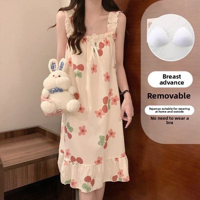 Bubble Cotton Camisole Nightgown with Chest Pads