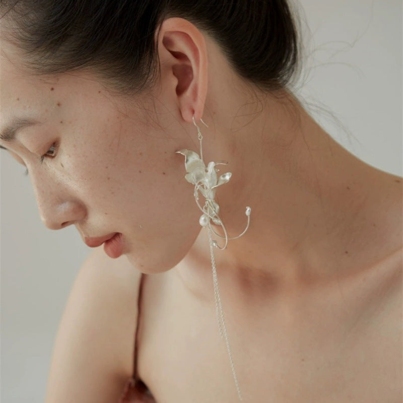 Burned White Floral Earrings Long Drop Earrings