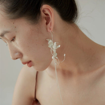 Burned White Floral Earrings Long Drop Earrings