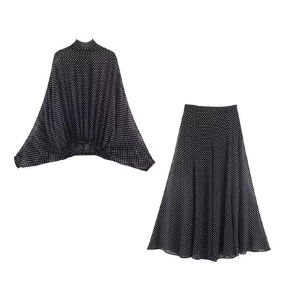 Butterfly Bow Blouse and Polka Dot Maxi Skirt Set