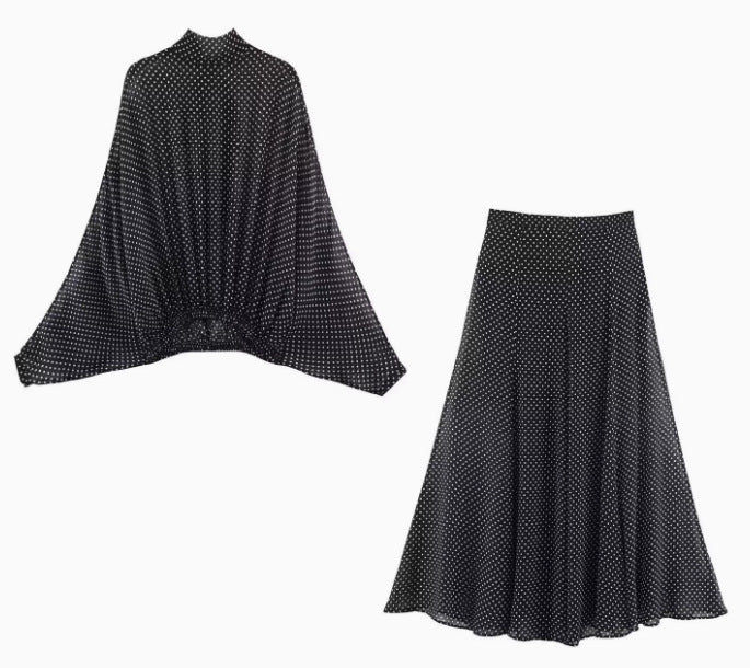 Butterfly Bow Blouse and Polka Dot Maxi Skirt Set