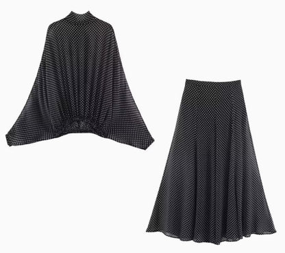 Butterfly Bow Blouse and Polka Dot Maxi Skirt Set