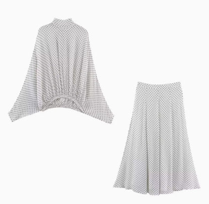 Butterfly Bow Blouse and Polka Dot Maxi Skirt Set