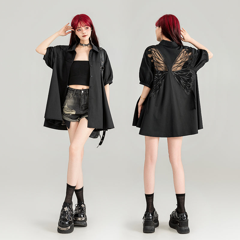 Butterfly Embroidered Loose Fit Women's Shirt