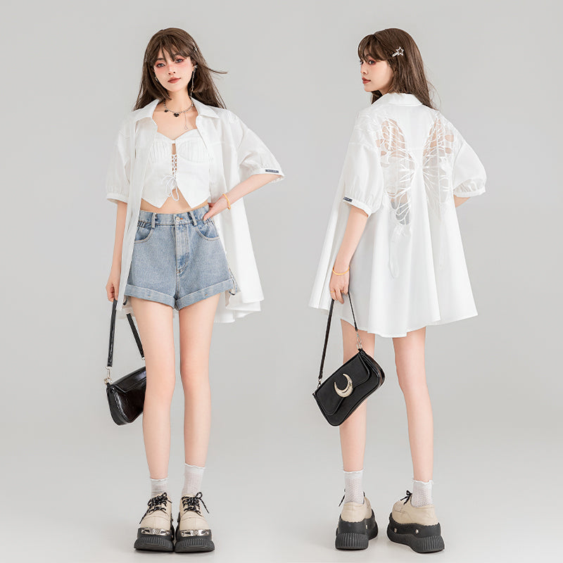 Butterfly Embroidered Loose Fit Women's Shirt