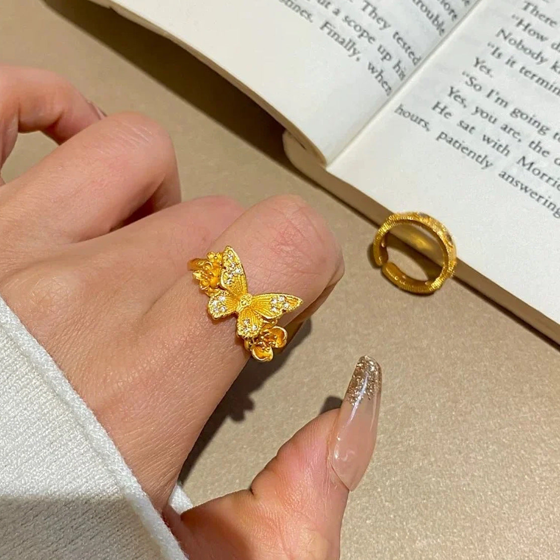 Butterfly Flower Adjustable Gold Plated Ring