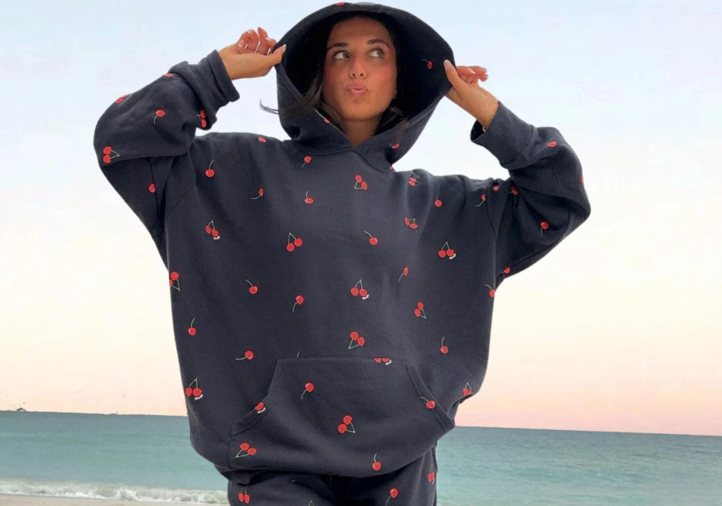 Butterfly-knitted long-sleeved hooded sweatshirt