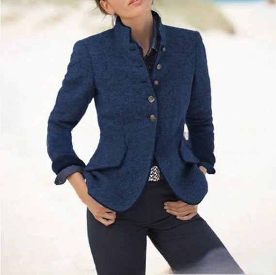 Button color-block woolen coat