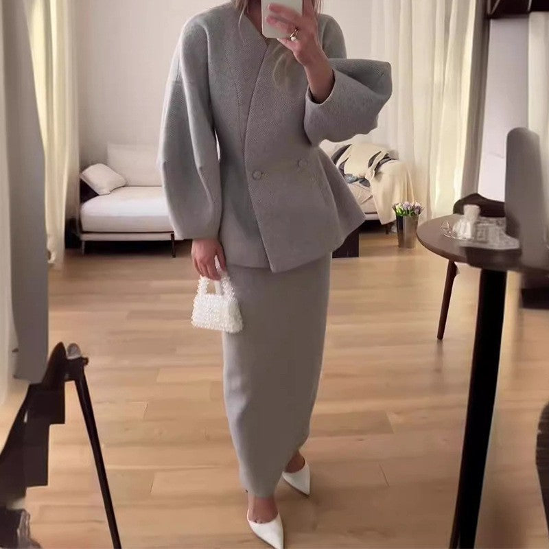 Button Detail Bubble Sleeve Dress Suit