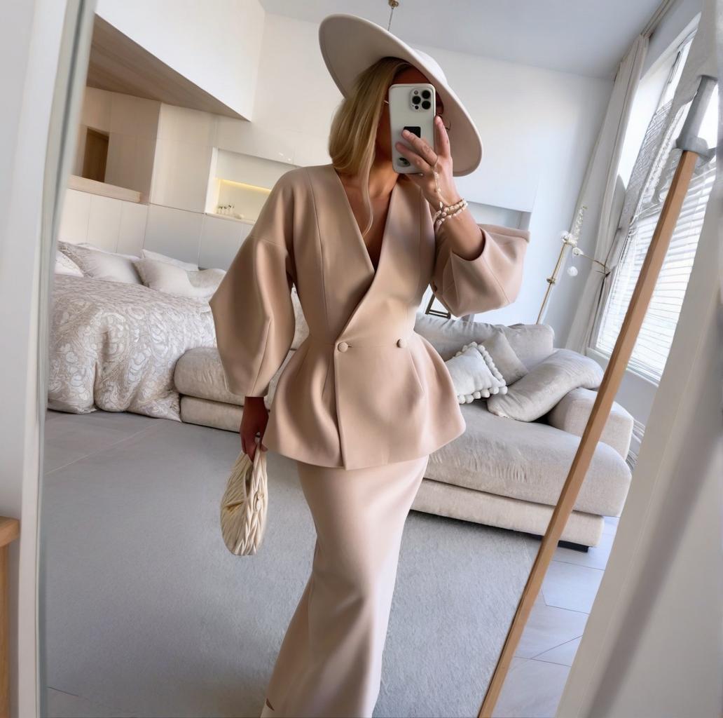 Button Detail Bubble Sleeve Dress Suit