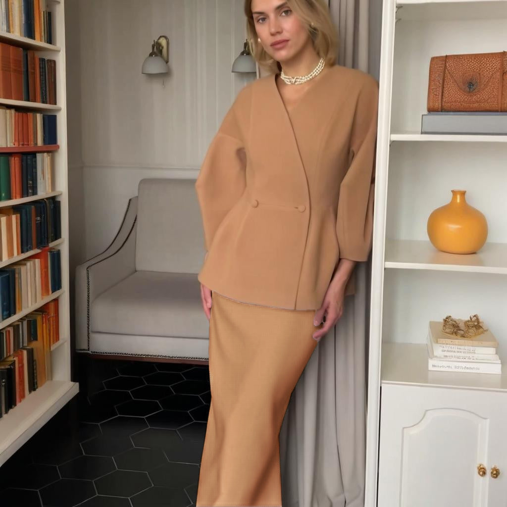 Button Detail Bubble Sleeve Dress Suit