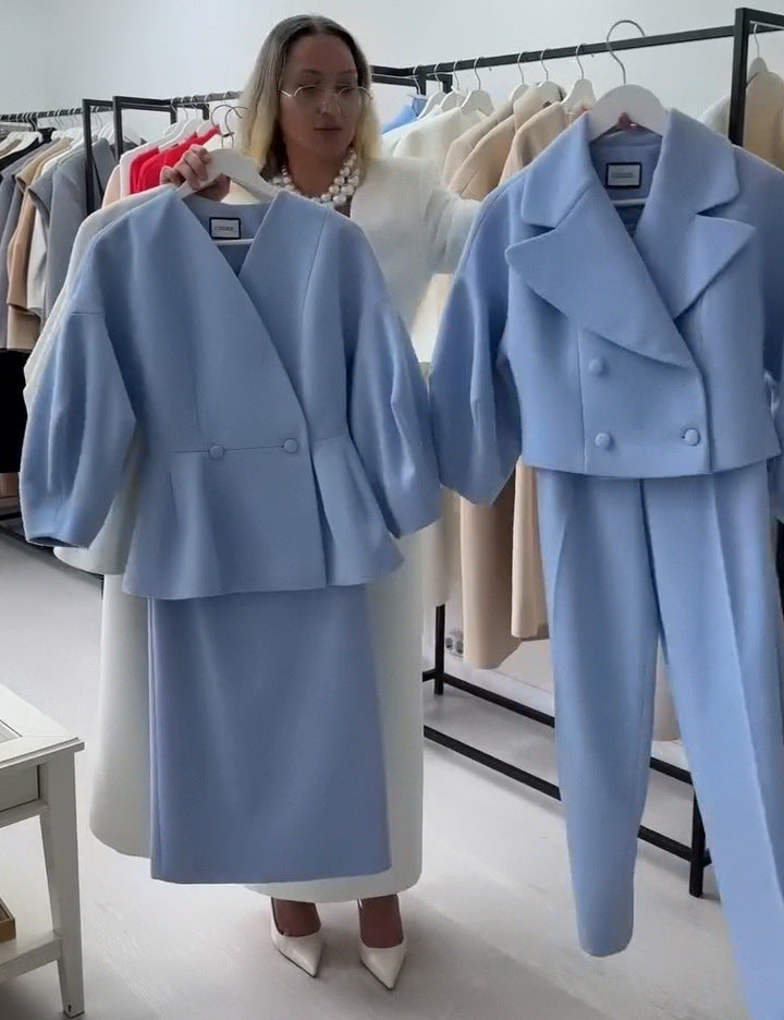 Button Detail Bubble Sleeve Dress Suit