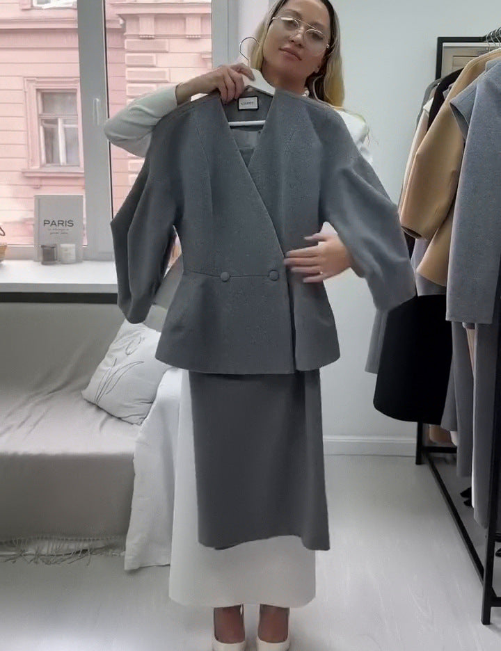 Button Detail Bubble Sleeve Dress Suit
