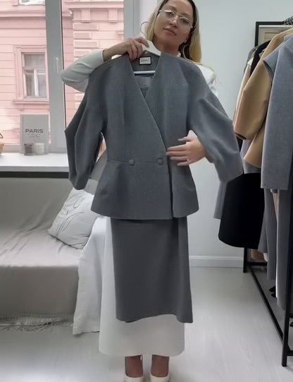 Button Detail Bubble Sleeve Dress Suit