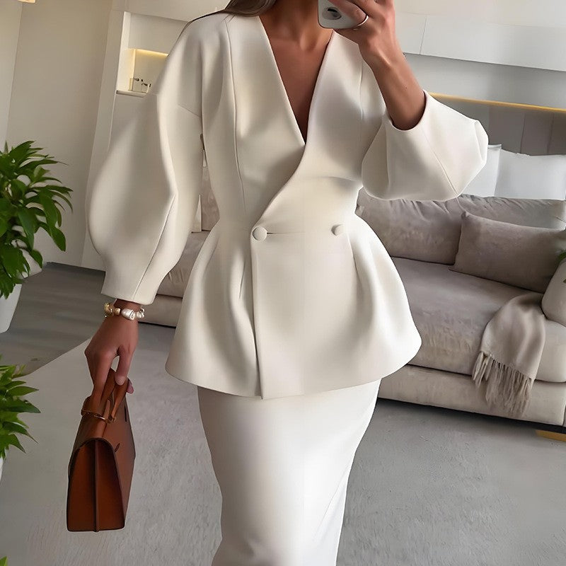 Button Detail Bubble Sleeve Dress Suit